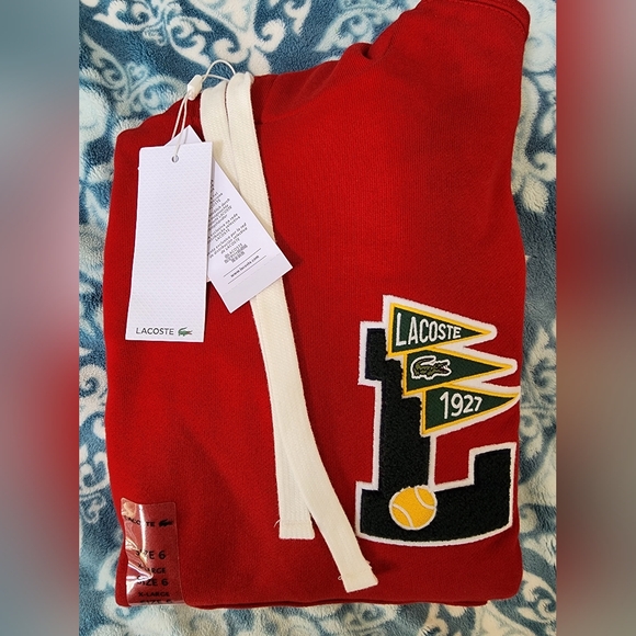LACOSTE MEN'S HOODED COTTON FLEECE PENNANTS L BADGE - COLOR RED - Picture 4 of 9